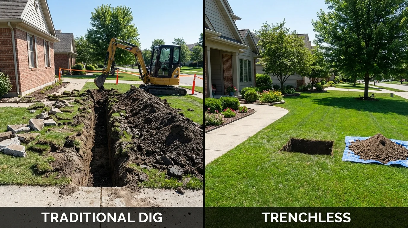 Trenchless sewer repair with minimal yard damage versus traditional excavation in Albany, WI